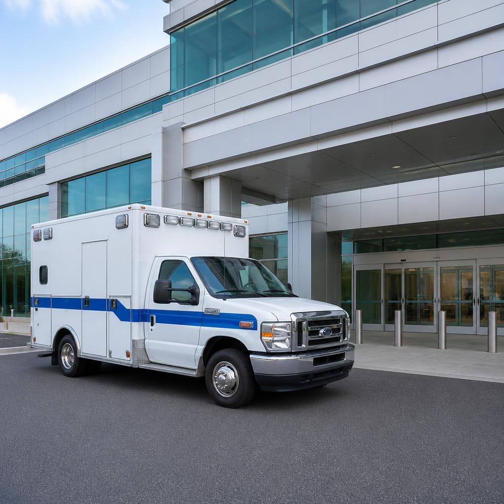 Ambulance parked at a hospital emergency entrance