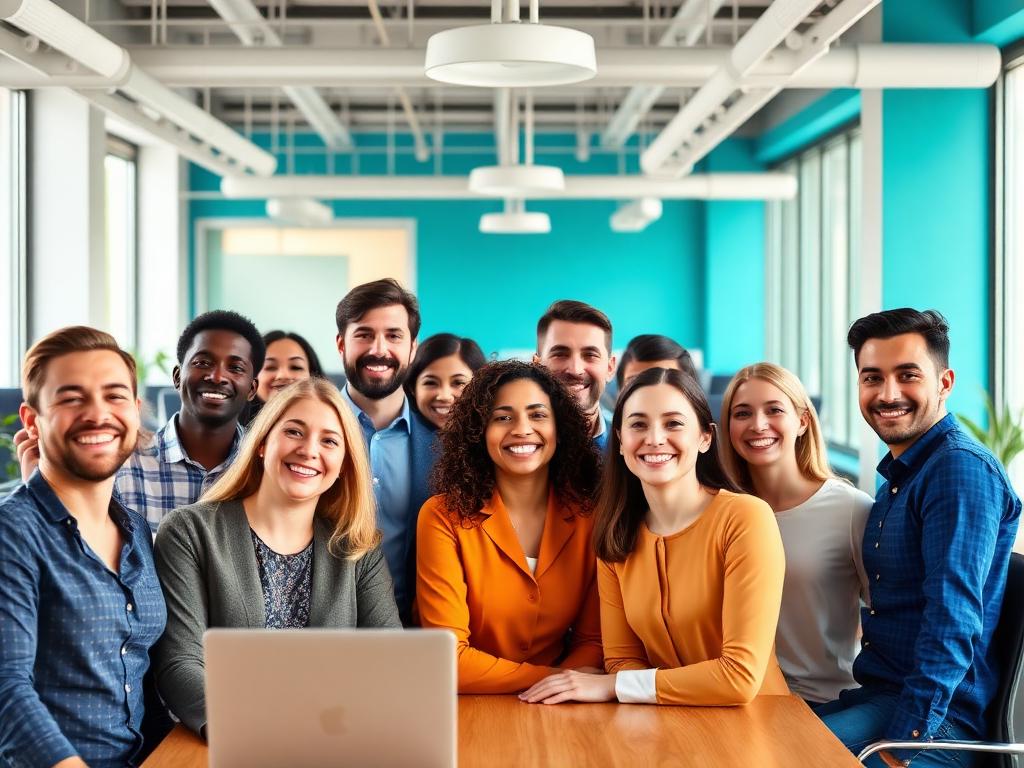 A diverse team of happy employees in a modern Los Angeles office